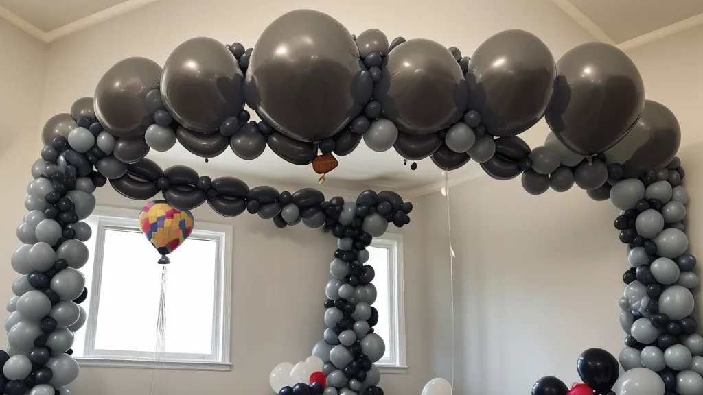 Sección terminada de un arco de globos orgánico con acabado profesional mate, ejemplo de decoración con globos casera