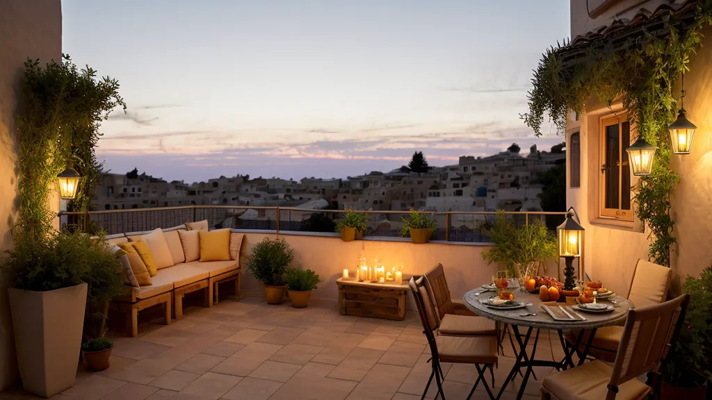 Terraza decorada con guirnaldas de luces cálidas durante una fiesta al atardecer