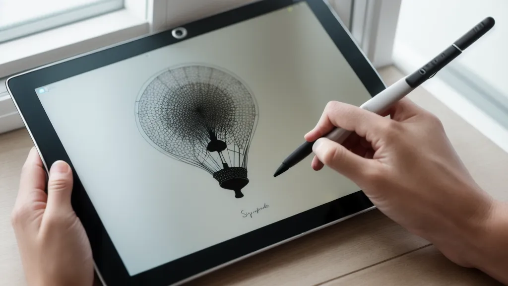 mano dibujando círculos de globos en una tableta digital sobre una cuadrícula de escala real