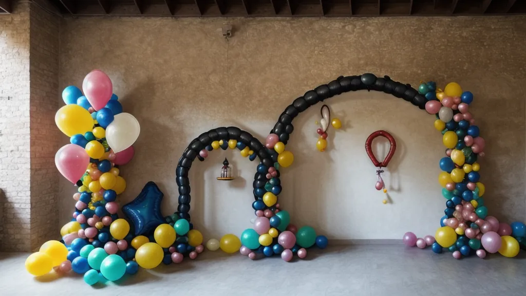 boceto esquemático de decoración de fiesta infantil impreso junto a globos reales para comparar papel y pantalla