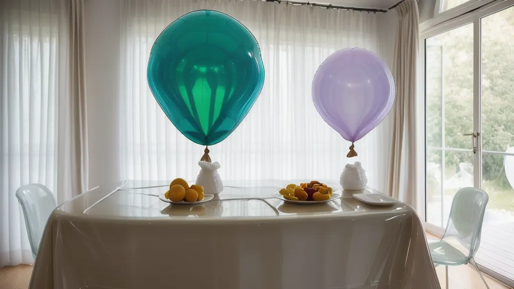 Globo de 30 centímetros flotando con una cola de flecos de papel de seda de colores, resultado de la decoración de globos.