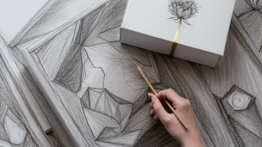 Boceto a mano alzada del desarrollo plano de una caja de dulces personalizada antes de pasar a la plantilla digital para imprimir