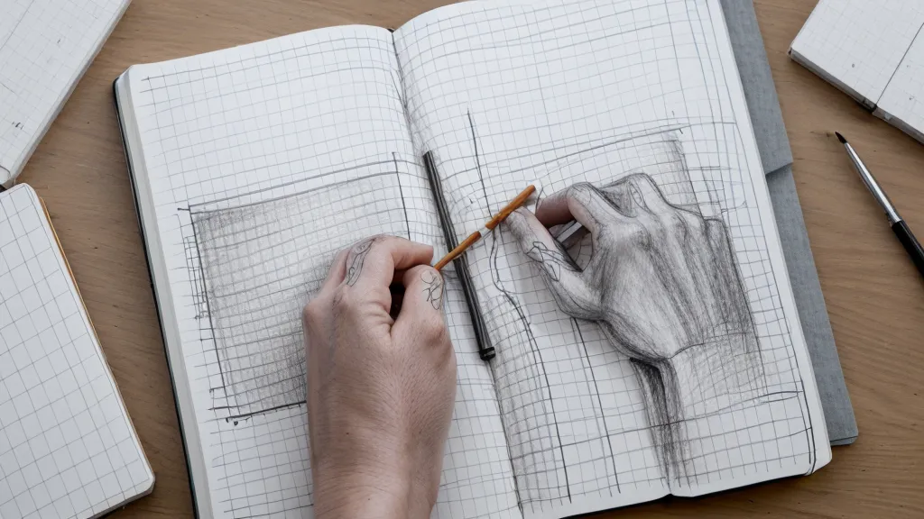 Boceto creativo a mano alzada para planificar el diseño de imprimibles en una hoja A4