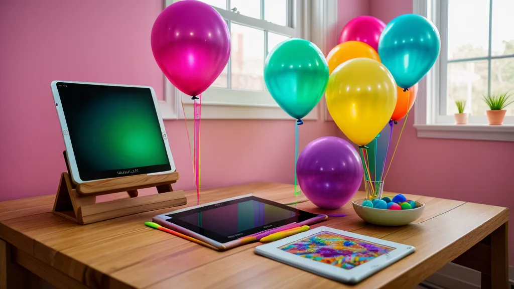 Boceto digital de paleta de colores para diseño de eventos junto a muestras físicas de globos