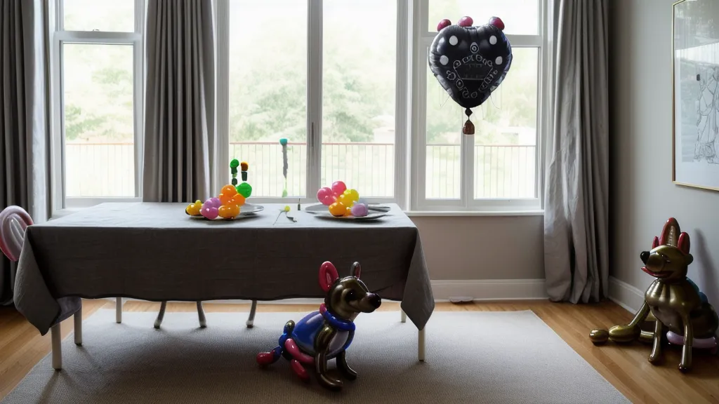 Perro de globoflexia básica a medio montar, mostrando las siete burbujas típicas de esta figura de animales con globos