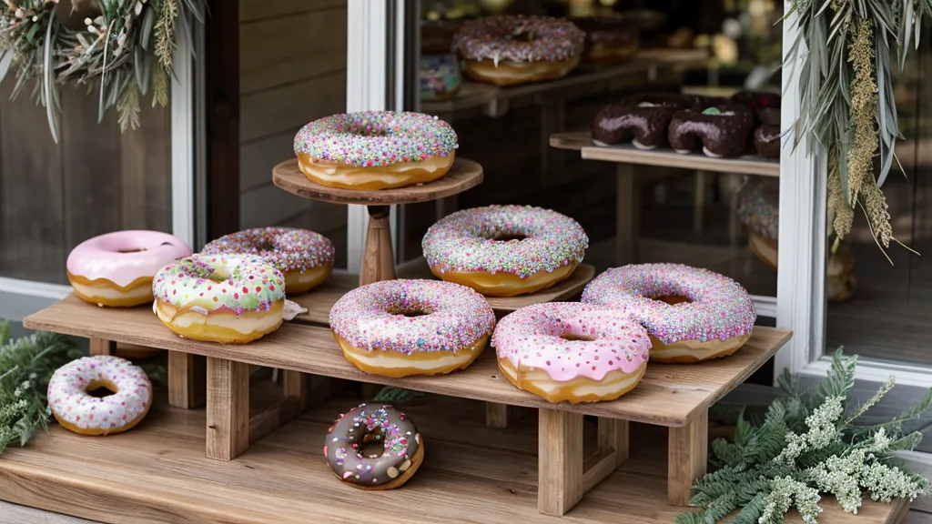 Mesa de dulces terminada con el soporte para donuts de madera y cajas individuales para los invitados