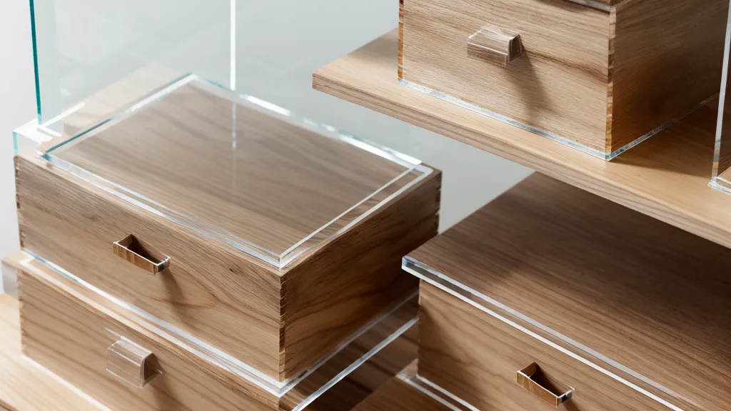 Cajas de madera y elevadores de metacrilato creando diferentes alturas en una mesa