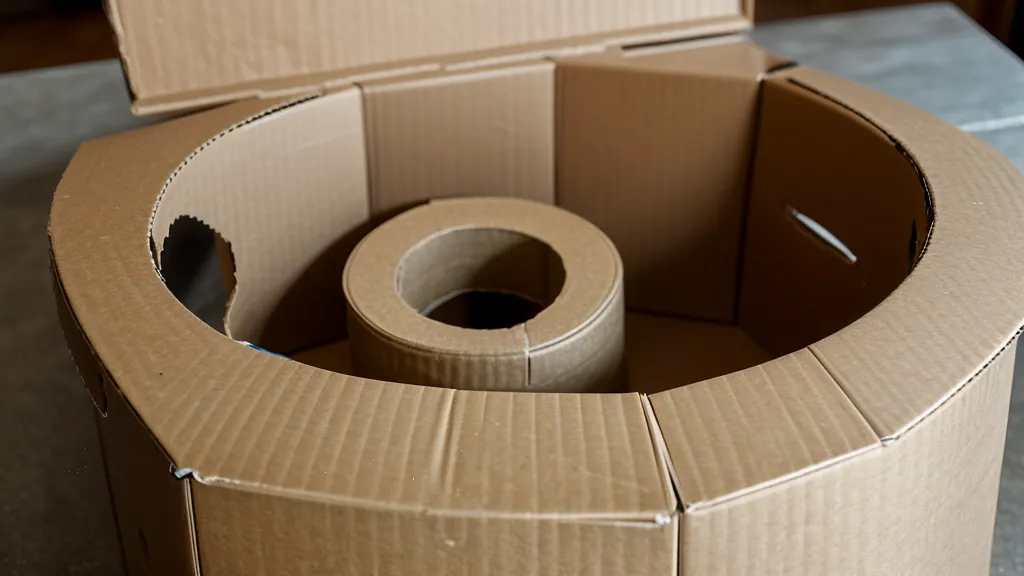 Caja de cartón con agujeros de distintos diámetros, un medidor de globos casero para decoración de eventos.