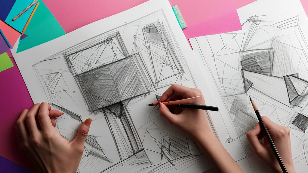 Boceto a lápiz junto a una plantilla digital para calcular la proporción de una mesa de dulces.