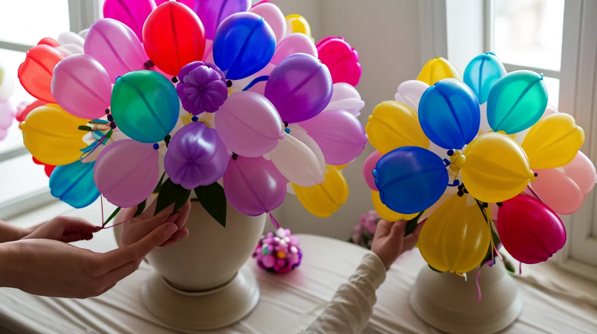 Centro de mesa con flores de globoflexia creativa hecho a mano, decoración DIY paso a paso