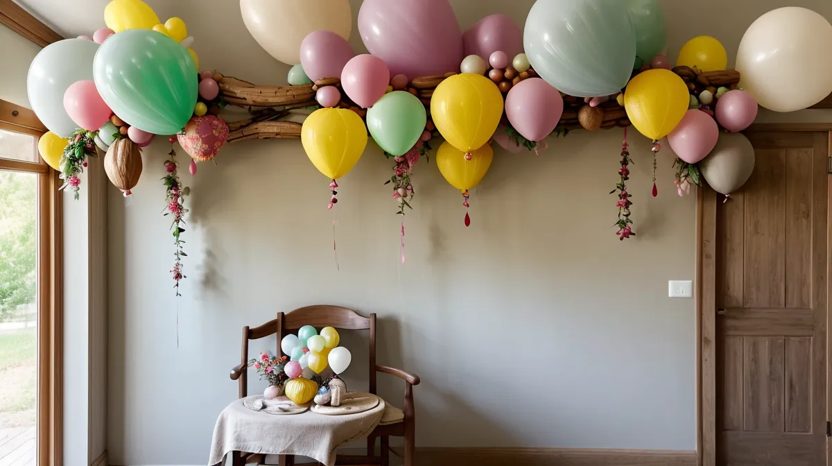Guirnalda de globos orgánica terminada, ejemplo de decoración DIY para tutorial de fiestas