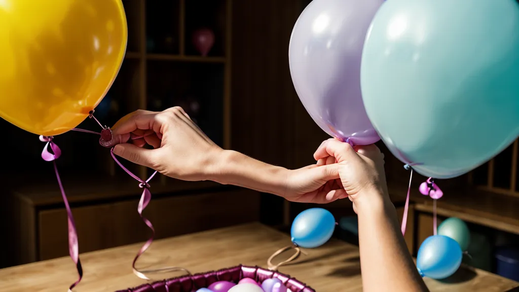 Manos anudando dos globos por la boquilla al formar un cluster en un tutorial de fiestas de decoración DIY